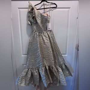 Mac Duggal Silver One-Shoulder Dress